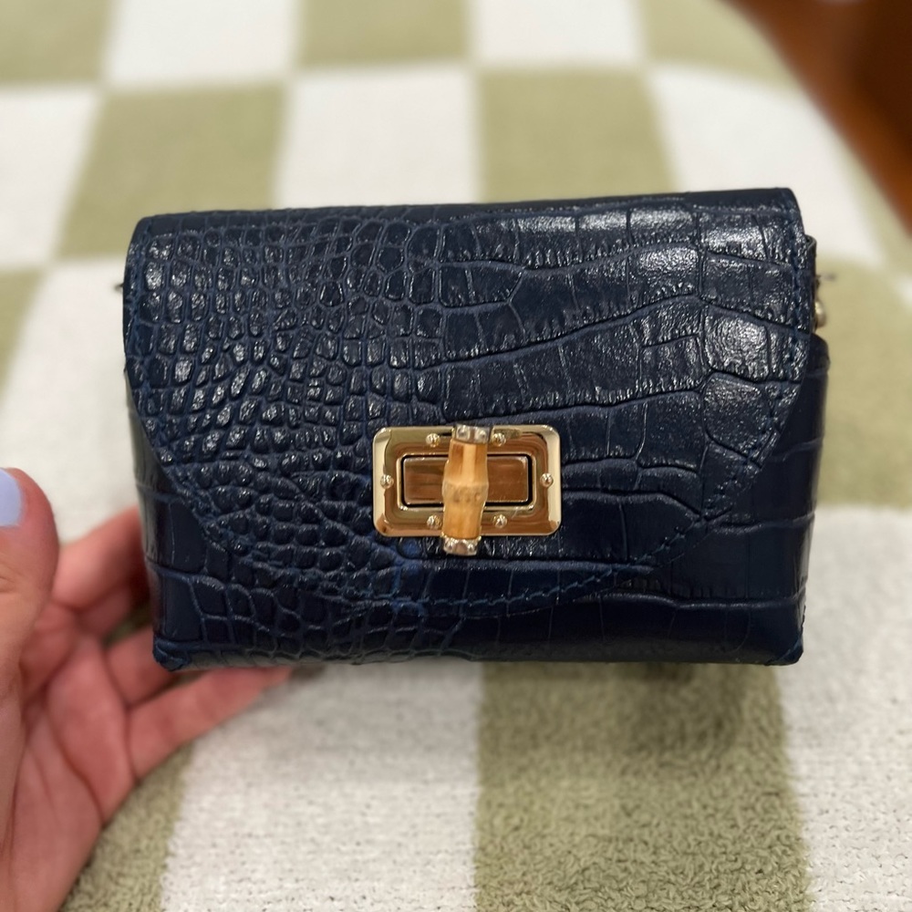 Vera Pelle Navy Croc-Embossed Leather Crossbody with Gold Hardware